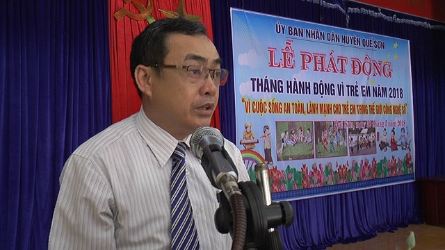 Đ/c Nguyễn Văn Thắng - Phó Chủ tịch UBND huyện phát biểu tại Lễ phát động Tháng hành động vì trẻ em năm 2018 - Ảnh: Hải Hàn